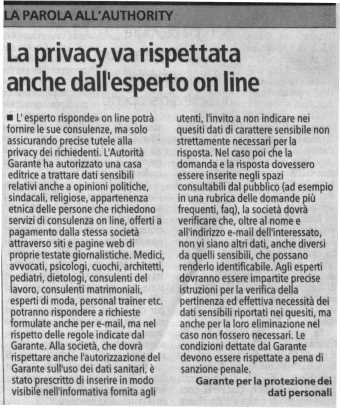 Articolo Garante privacy online da La Stampa del 12/01/04